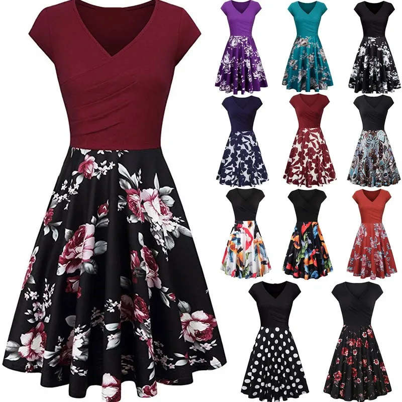 

Female Summer Floral Print Slim Mini Dress 2021 Sexy V-Neck Big Swing Stitching Retro Sundress Women Plus Size DressesSS51