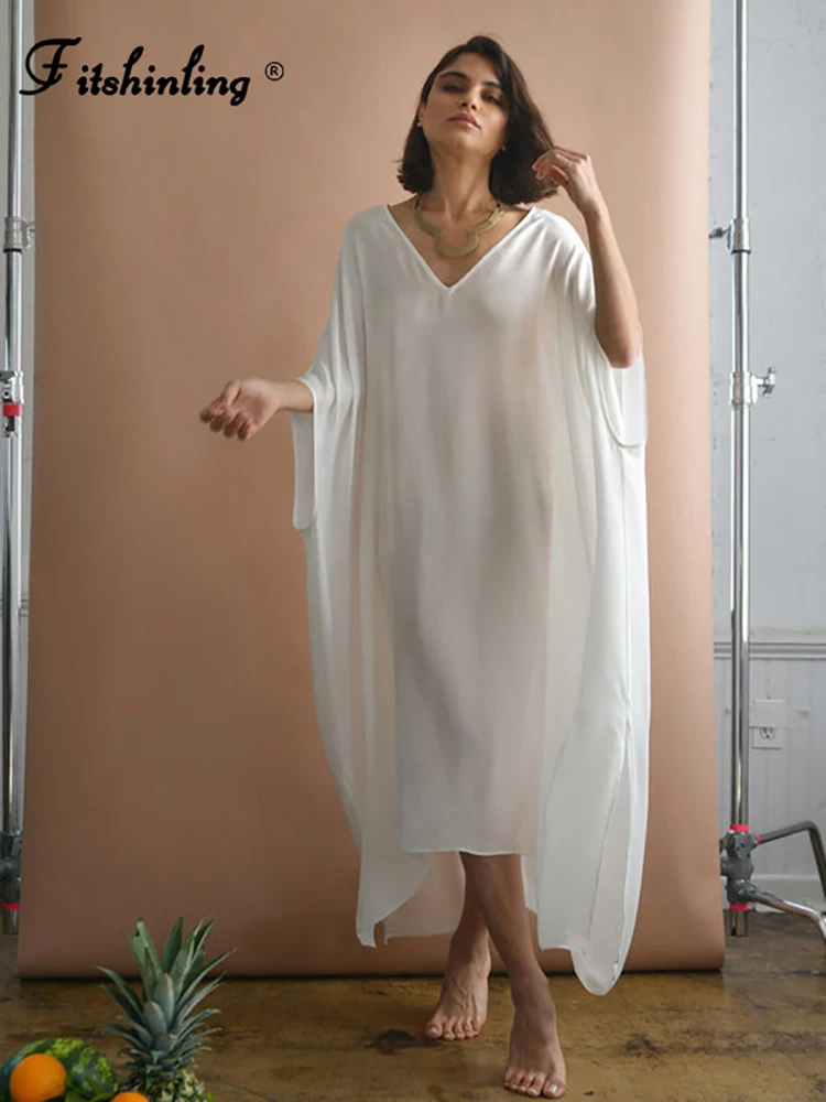 

Fitshinling Oversize White Beach Dress Female Bohemian Sheer Sexy Beachwear Pareo Cover-Ups Batwing Sleeve Boho Summer Long Robe