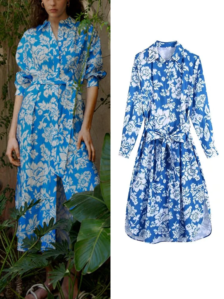 

Женское платье с поясом, Элегантное повседневное вечерние ничное платье до середины икры с принтом и длинным рукавом, Новинка лета 2022