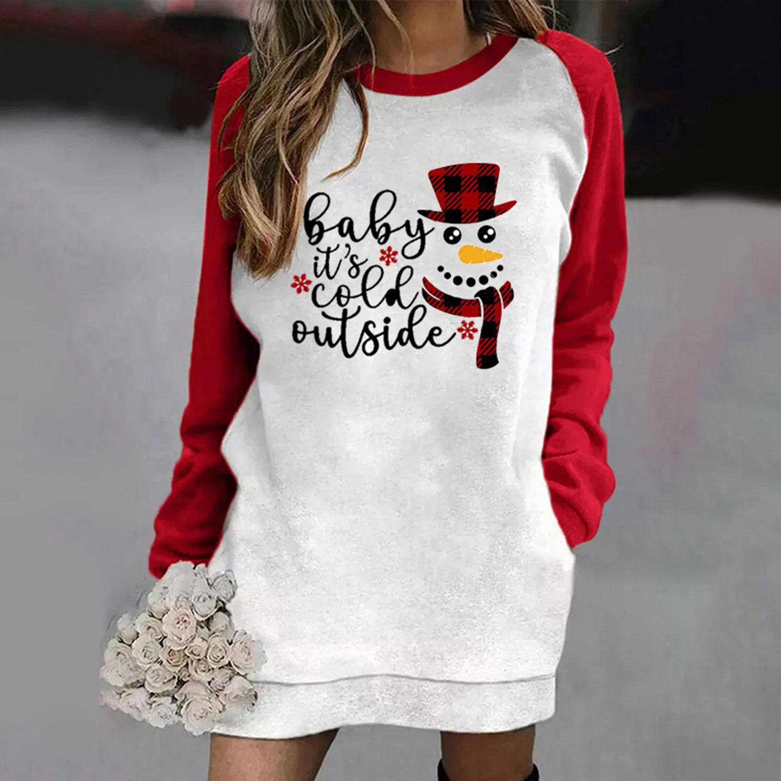 

Women Contrast Color Print Long Sleeve O Collar Christmas Pocket Sweatshirt Dress Office Casual Dresses for Women