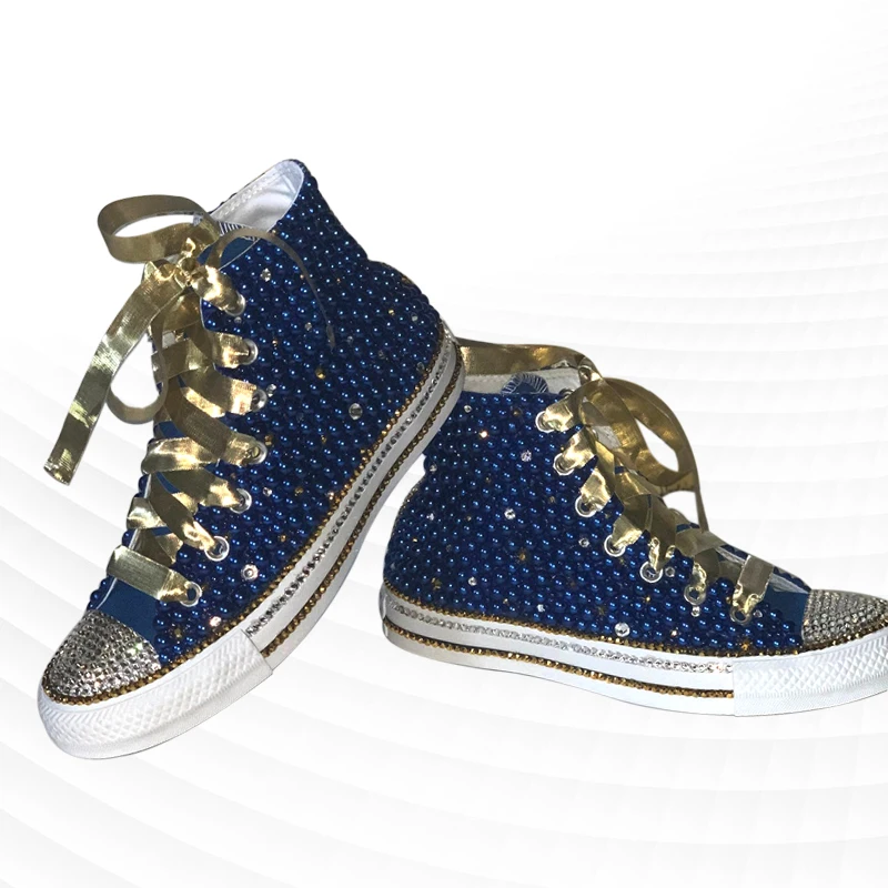 

High-top blue pearl rhinestone gold ribbon canvas shoes trend street shooting handmade pearl ribbon vulcanized shoes 35-46