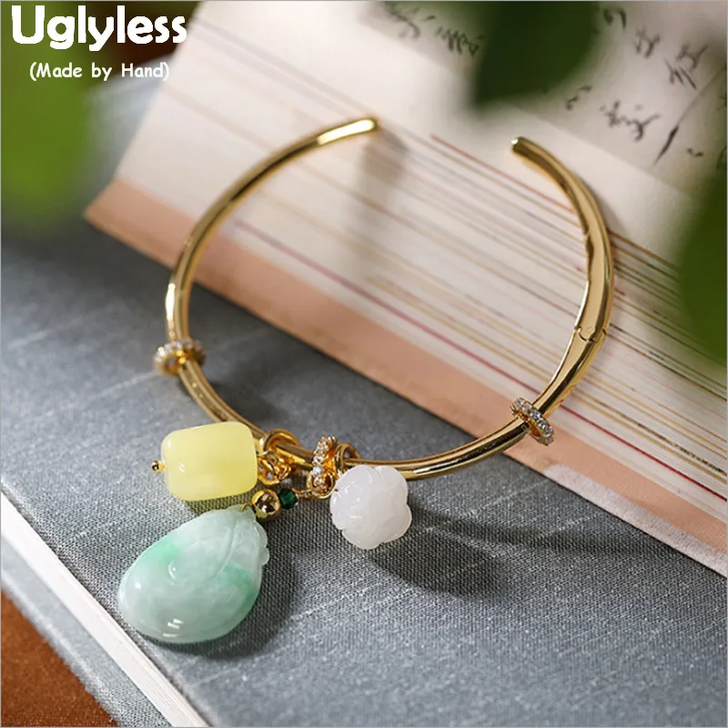 Uglyless Natural Jadeite Charms Bangles Women Multi Gemstones Fine Jewelry Real 925 Silver Open Bangles Amber Jade Lotus Bijoux