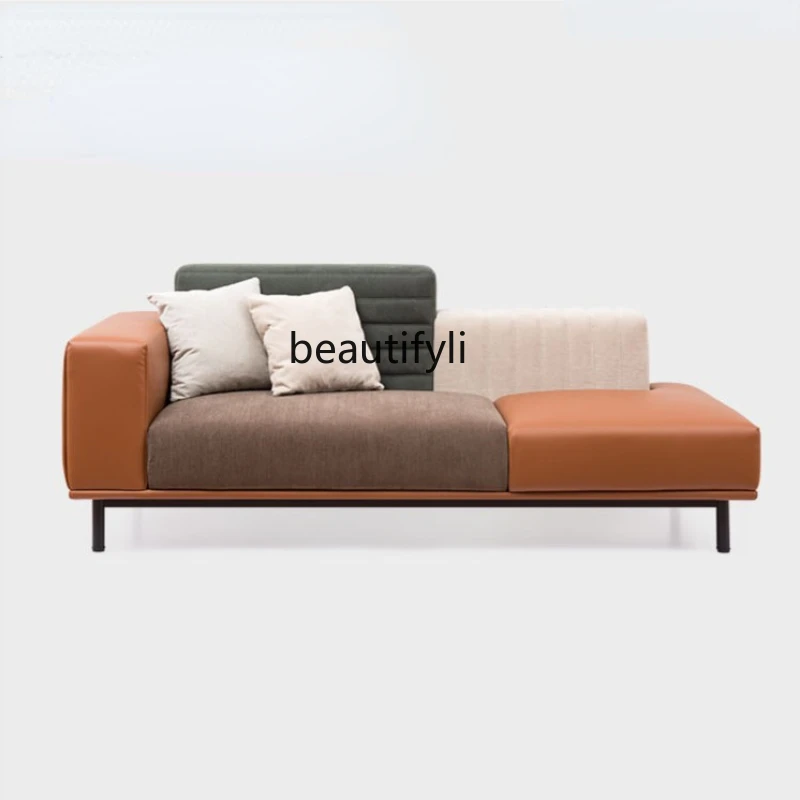 

yj Nordic Mediterranean Style Modern Leather Fabric Combined with Chaise Longue Double Three-Seat Couch
