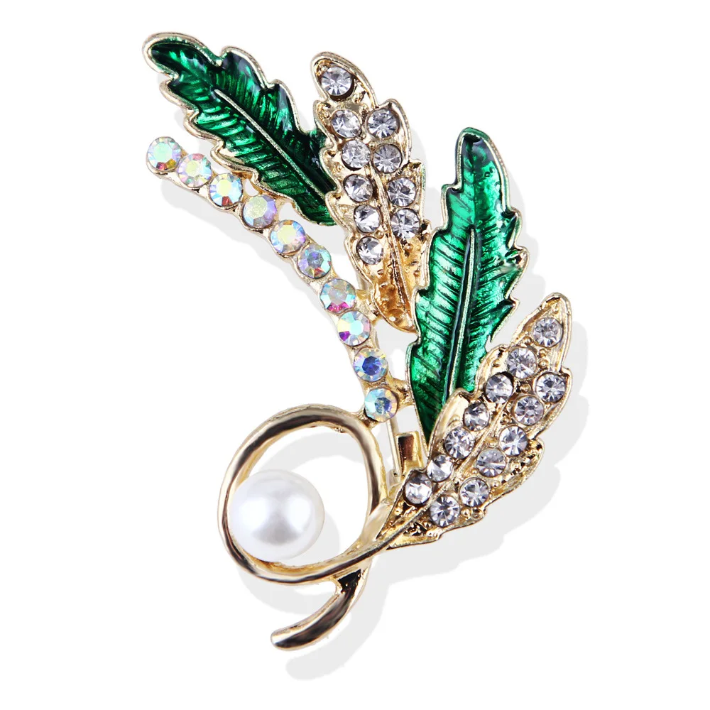 

Rural Style Four-Leaf Wheat Alloy Diamond Imitation Pearl Brooch Lady Simple Cardigan Suit Accessories Brooches Pin Ornaments