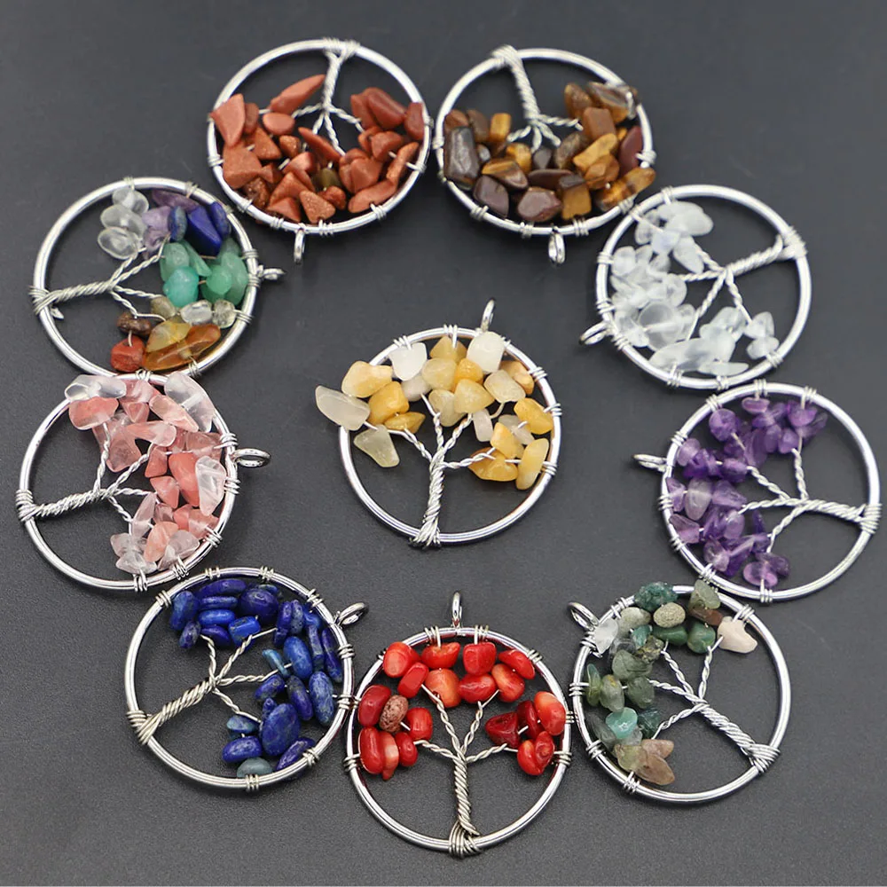 

30mm natural stone mixed Tree of life handmade color wire wrapped Pendants wholesale 12pcs for jewelry marking quartz lapis opal