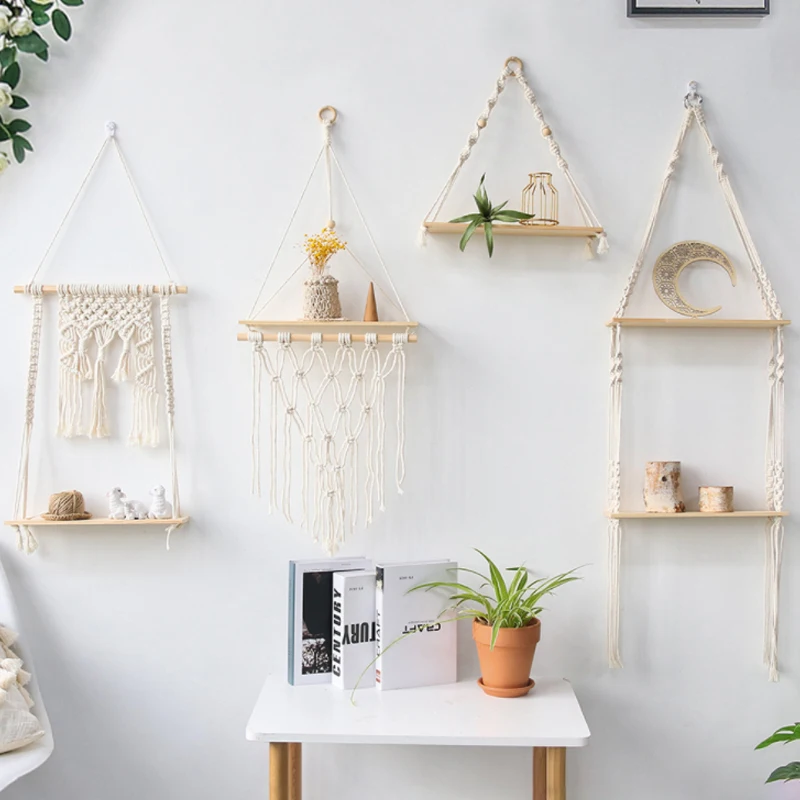 

Macrame Shelves for Bedroom & Plant Boho Home Decor Christmas Decoration Wooden Wall Shelf Candle Holder Floating Shelves Gift