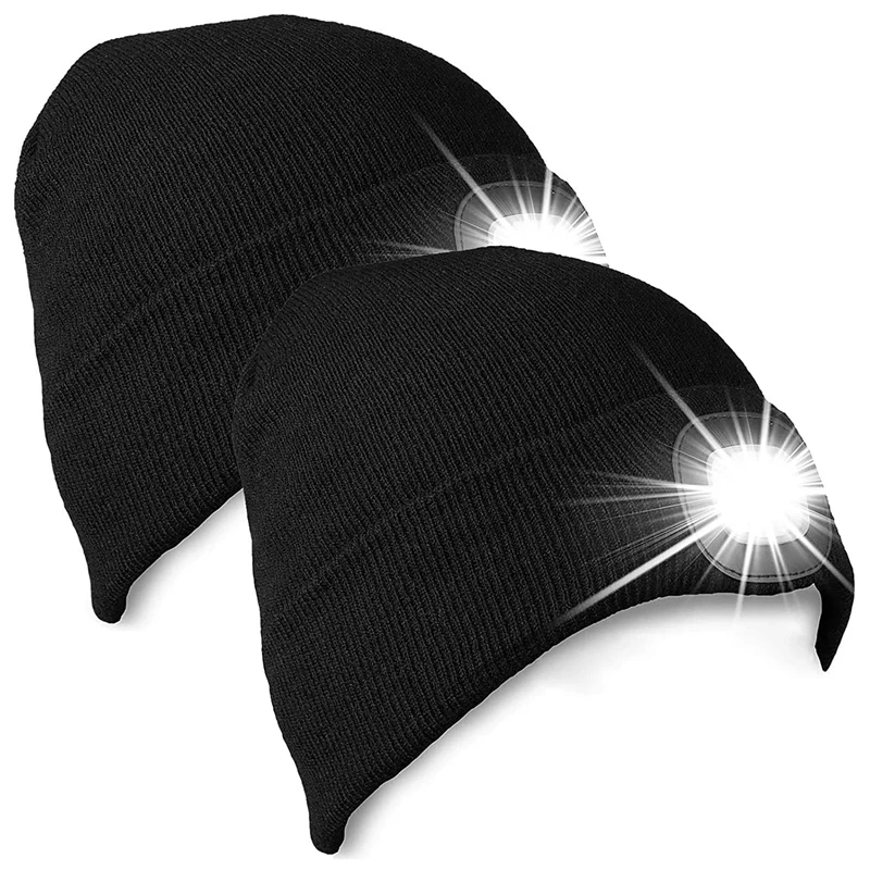 

USB Rechargeable Winter Knit Lighted Headlight Cap, Gifts For Men Dad Him And Women,Black,2 PACK