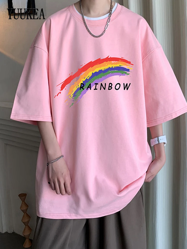 

YUUKEA Oversized Rainbow Graphic T Shirts Men Simple O Neck Fashion Loose Tops Male Summer Leisure Short Sleeve Streetwear Tees
