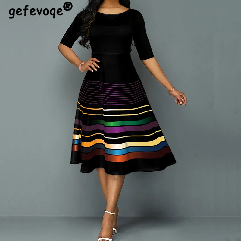 

Slim Patchwork Striped Printing High Waist Half Sleeve Summer Dresses Woman 2022 Large Swing Beach Vintage Casual Midi Dress 5XL