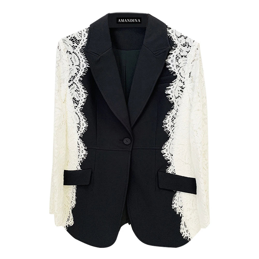 

Amandina Luxe Black Blazer Jacket with White Lace Slim One-button Contrast Lace Stitching Blazer Jacket