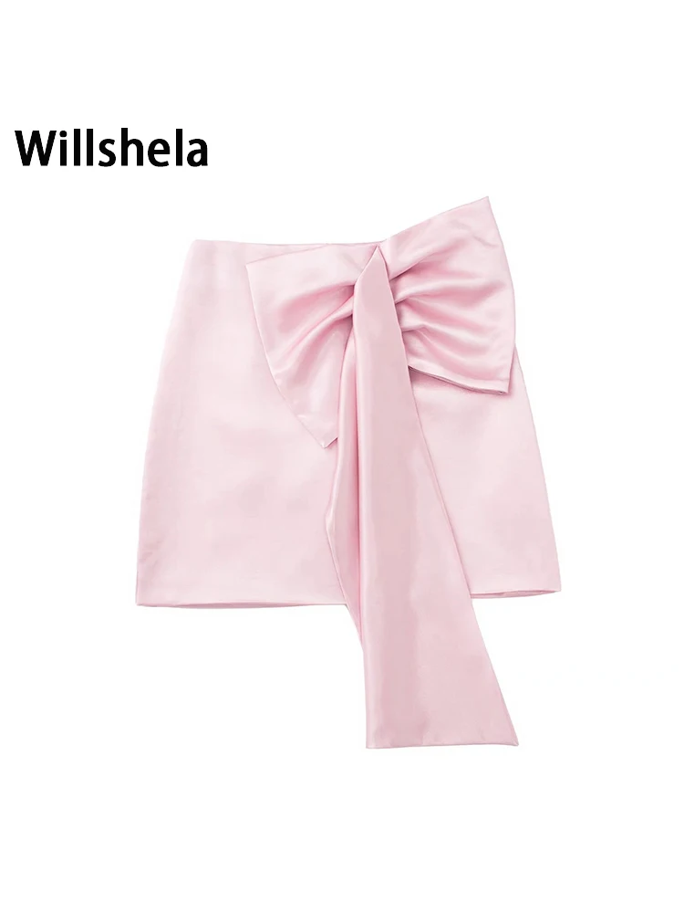 

Willshela Women Fashion With Bow Solid Back Zipper Mini Skirts Vintage High Waist Female Chic Lady Skirts