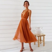 solid color suspender v neck backless dresses 2022 summer new sexy mesh elegant high waist bridesmaid a line dress party female
