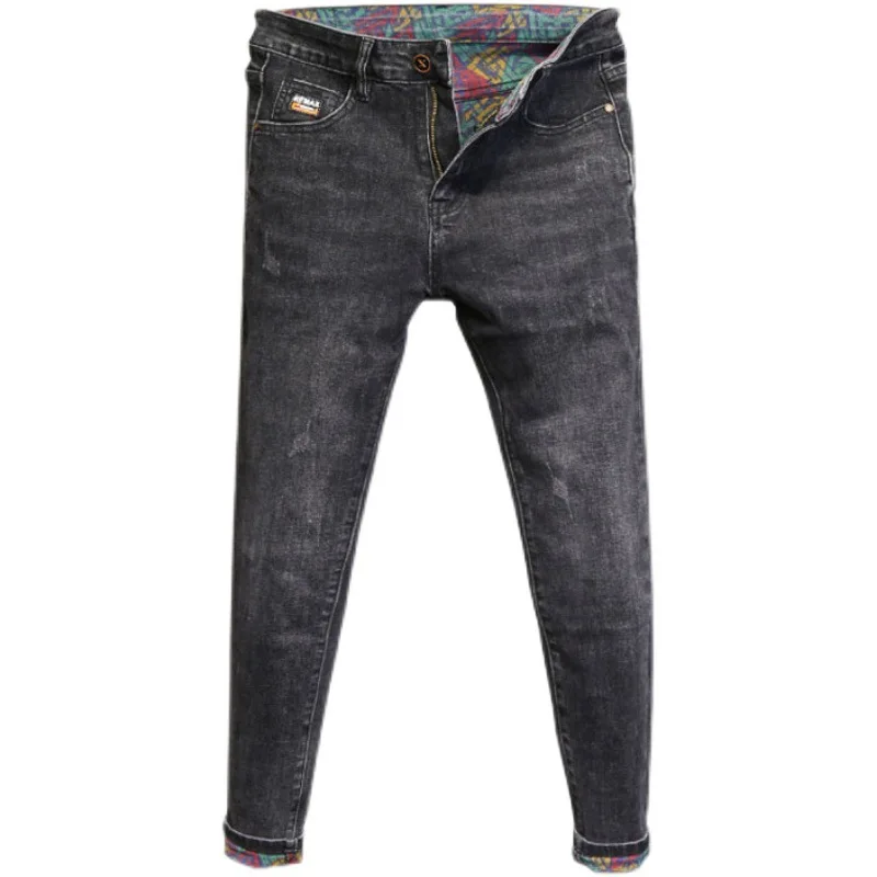 

Wholesale 2022 Fashion Street Slim-fit Denim Trousers Black Gray Scratched Color Lining Men's Fashion Stretch Pants For Youth