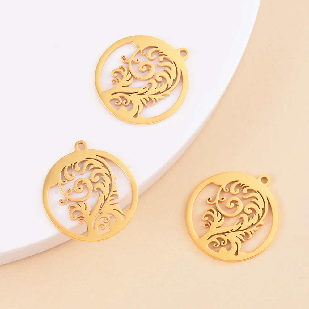 5pcs Round Craft Hollow Flower Bird Pendants Stainless Steel for DIY Vintage Earrings Necklace Charm Jewelry Making Accessories