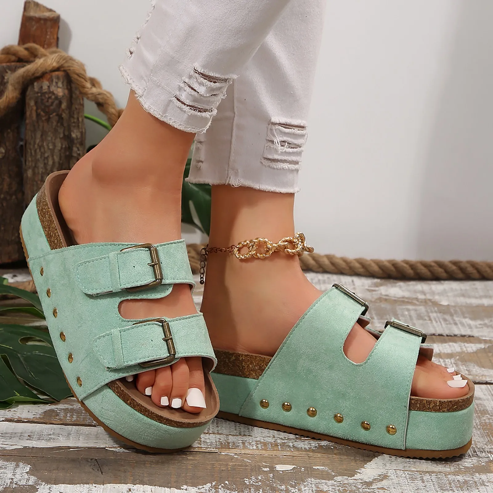 Шлепанцы для мужчин и женщин Сланцы на плоской подошве Нескользящие пробковые