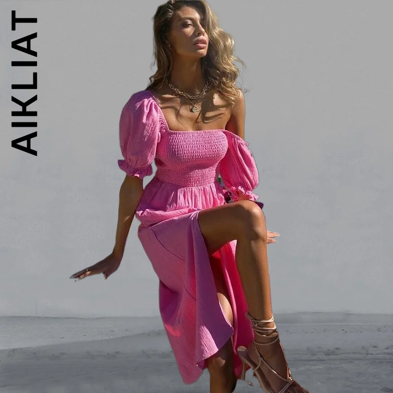 

Aikliat Dress Fashion Women Solid Backless Dress Slash Neck Female Puff Sleeve Dresses Popular Female Dress Woman Vestidos