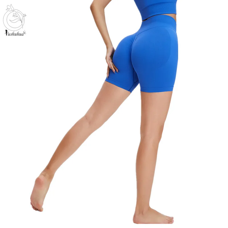 

Yushuhua Seamless Butt Scrunch Sport Yoga Biker Shorts Women High Waist Hip Lift Ribbed Fitness Gym Squat Training Shorts