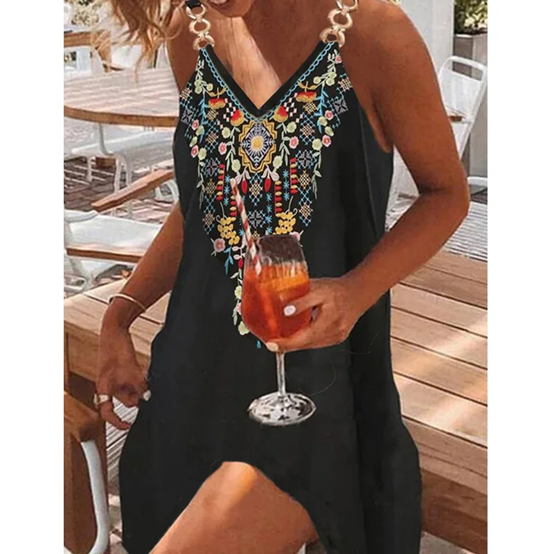 

NEW Ladies Elegant Retro Ethnic Style Positioning Printed Dress Summer Ladies Fashion Printed Flowers Sleeveless Casual Dress