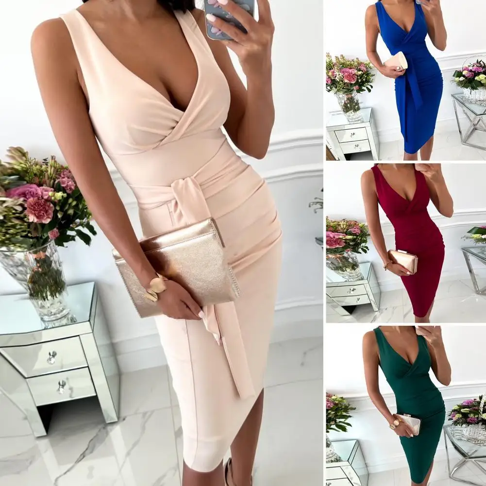 

Party Dress Solid Color Pleated Sleeveless Bodycon Deep V Neck Club Dress Dating Dress