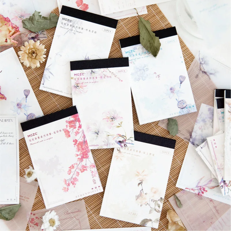 

30pcs/lot Memo Pads Material Paper Flowering Branch Pen and Ink Junk Journal Scrapbooking Cards Retro Background Decoration