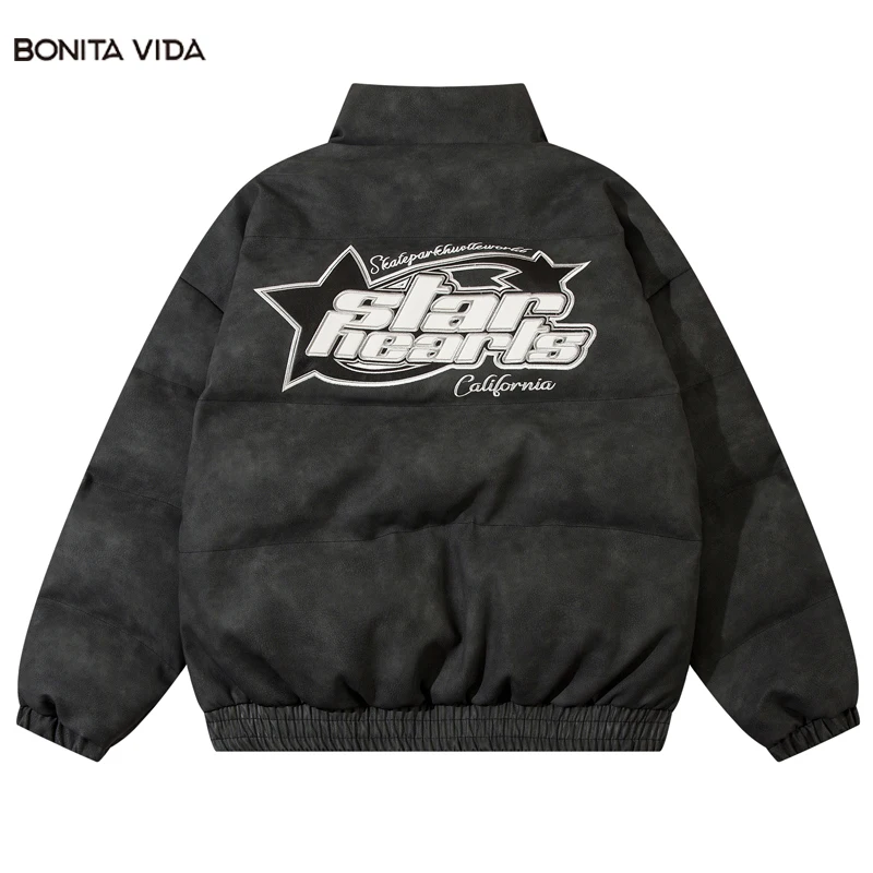 

Винтажная кожаная куртка 2023, зимние парки, уличная одежда в стиле Харадзюку, Толстая теплая водонепроницаемая парка с вышитыми звездами и надписями, пальто в стиле хип-хоп