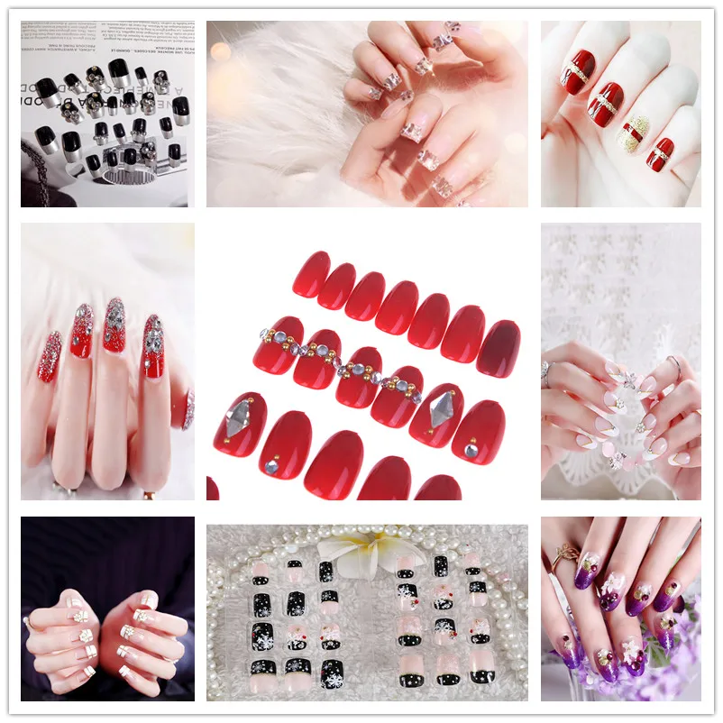 

24 PCS Shining Rhinestone False Nails Square Full Short Fake Nails Transparent Lace Designed Fashion Nep Nagels