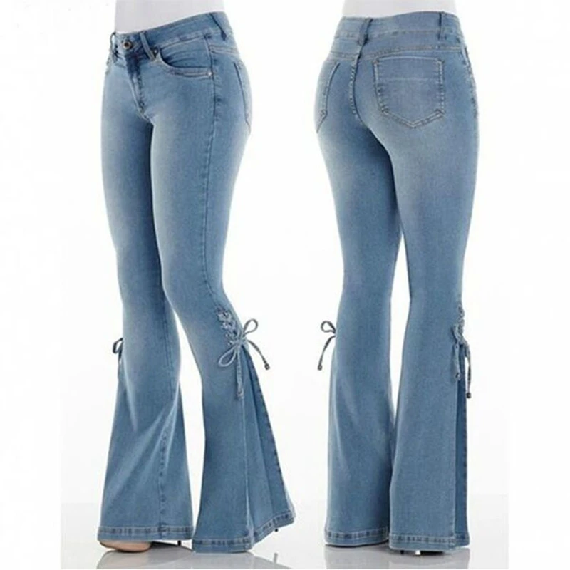 

Fashion Mid Waist Denim Flare Pants Women Lace Up Slim-fit Stretch Jeans Wide Leg Trousers Lady Casual Bell-Bottoms