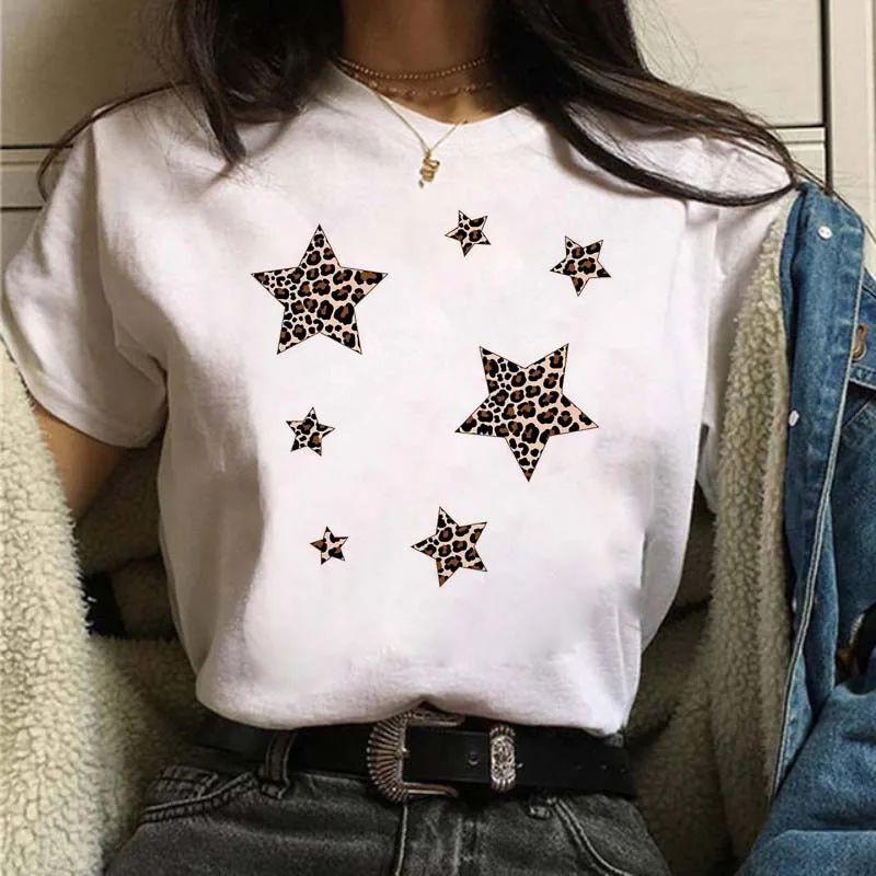 

Women's T-shirts Leopard Star Cute Printing Fashion 90s Short Sleeve Summer Clothes Tshirt O-neck Female Tee Top Graphic T-shirt