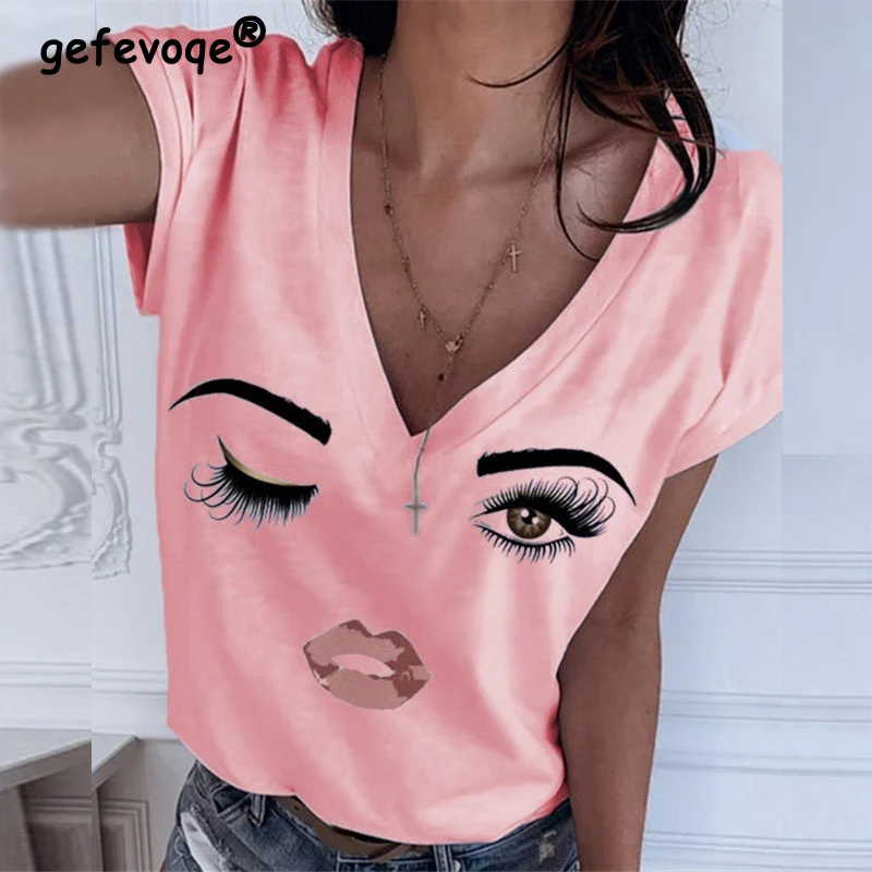 

Summer Fashion Kawaii Funny Women Causal Short Sleeve Eye Lip Graphic Print Loose T Shirt Sexy V Neck Top Female Camisetas Mujer