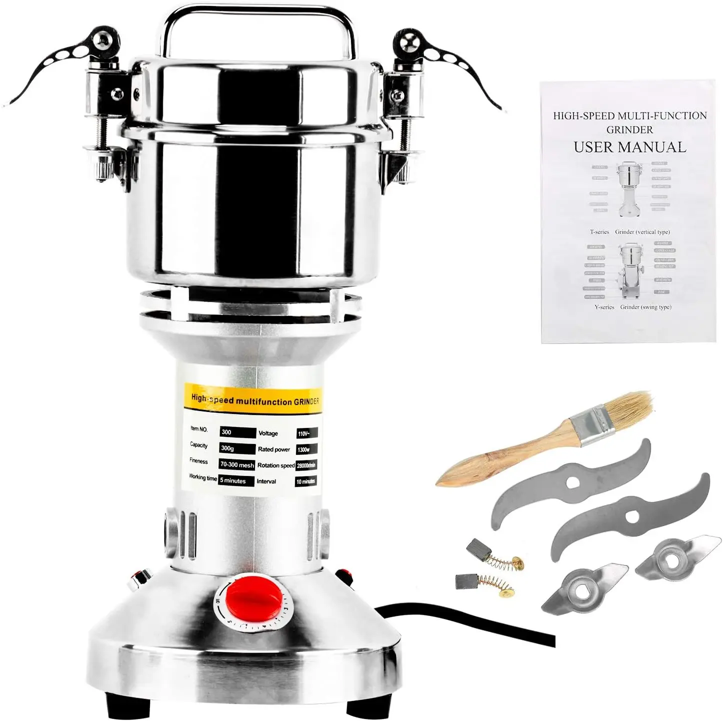 

Speed 300g Grain Mill Grinder Powder Machine Spice Herb Grinder 1300W 70-300 Mesh 28000RPM Stainless Steel Commercial Grade for