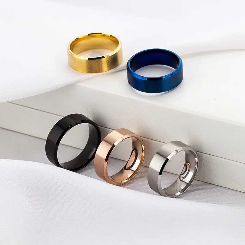 

Silver Rose Gold Stainless Steel Ring 8mm Glossy Ring Simple Men Double Bevel Rings For Women Jewelry Gift