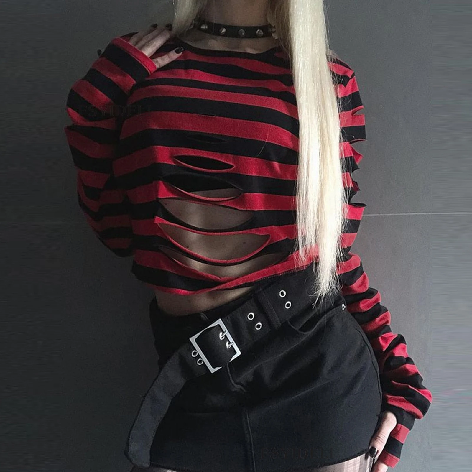 

Horizontal Stripe Grunge Clothes Top Distressed Ladies Gothic Clothes Crew Neck Loose Fit Harajuku Style Streetwear Suit