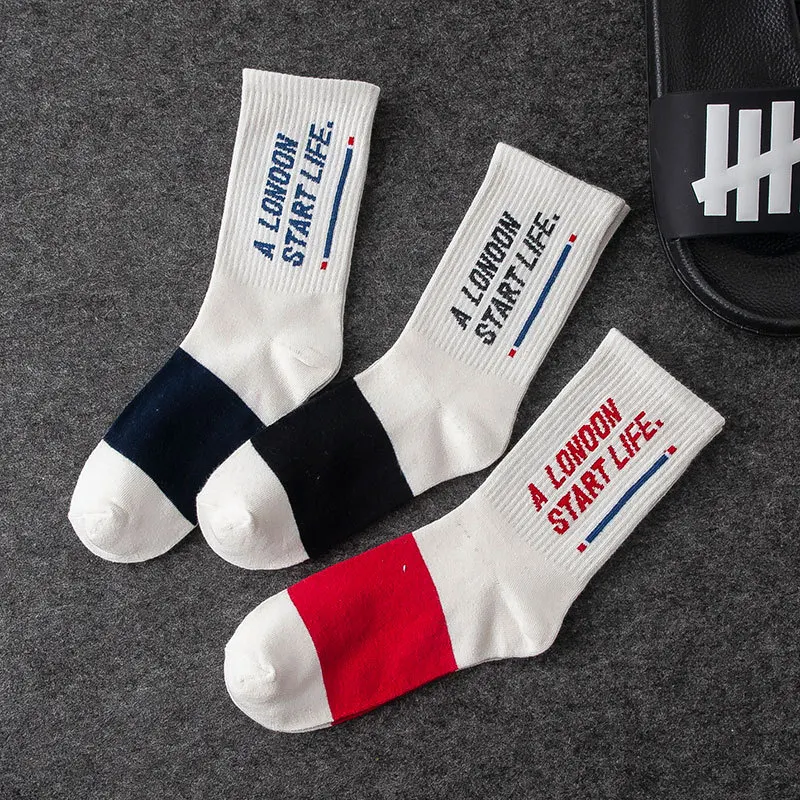 

Simple INS solid color striped neutral socks letters Start life sports sweat absorbing basketball socks autumn and winter socks