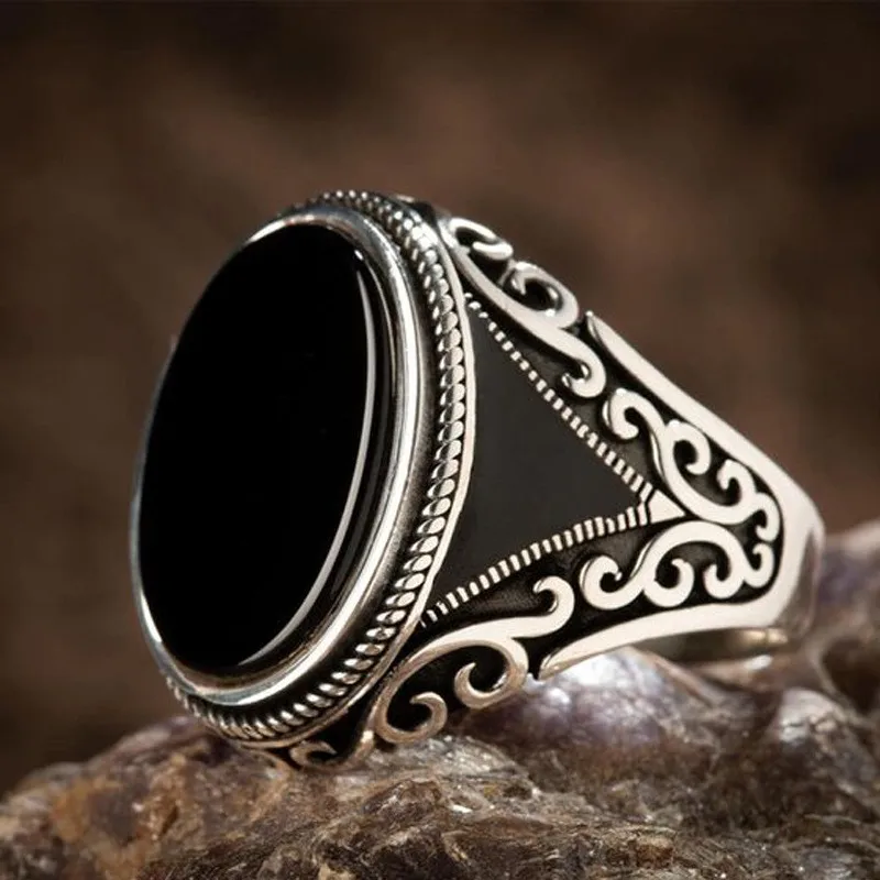 

Vintage Handmade Turkish Men's Rings Fashion Ladies Antique Silver Black Imitation Agate Stone Punk Religious Jewelry