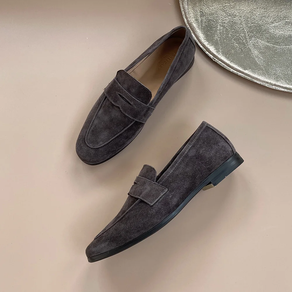 Flat Shoes Women High Quality WALK Lamb Leather Suede LoafersRound Toe Soft Sole Comfortable Flat Shoes Large Size 44