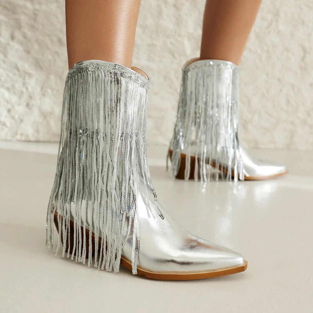 Женские ботинки с золотистыми блестками и кисточками блестящие Серебристые в