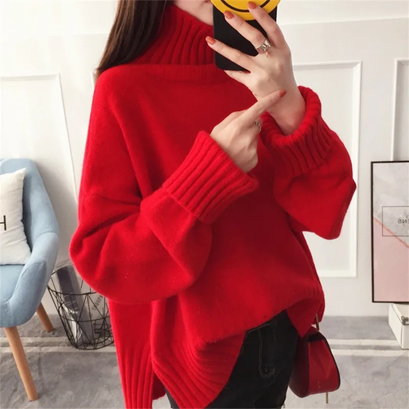 

Thick High Collar Red Pink Beige Knitted Sweater Women Autumn Winter long sleeve Knitting tops Turtleneck Pullover Ladies Jumper