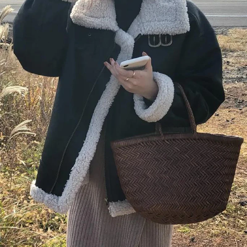 Leather Coat Winter Women Jacket Lambswool Faux Fur Coats Loose Warm Thicken Autumn Winter Black Chic Outwear Female Jackets