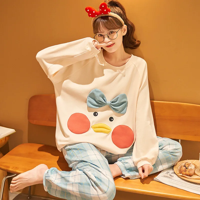 

Cotton Pajamas Women's Spring And Autumn 2022 New Long Sleeve Pullover Cartoon Cute Home Wear Outwardly Casual Suit M-xxl