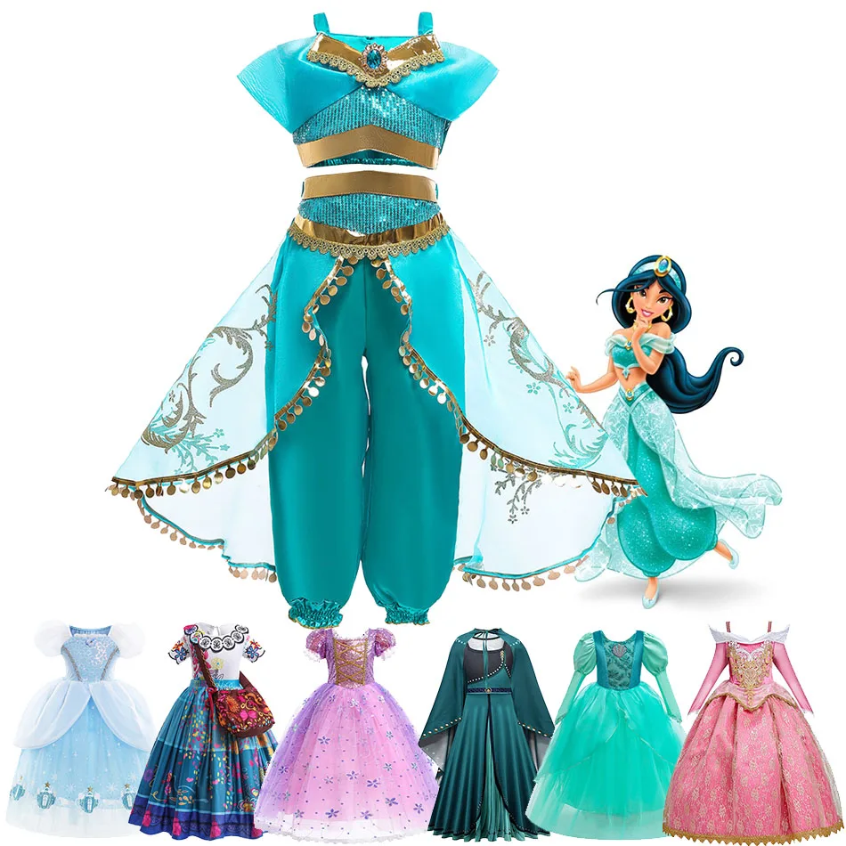 Girls Encanto Jasmine Princess Dress Children Elsa Anna Bella Rapunzel Mermaid Costume Kids Snow White Cinderella Aurora Dress