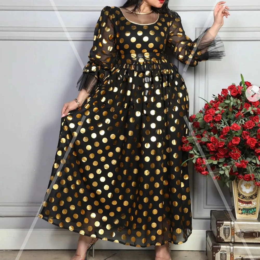 

Elegant Party Dresses Women Summer 2022 Fashion Long Sleeve Polka Dots Print Mesh See-Through Female Maxi Dress A-Line