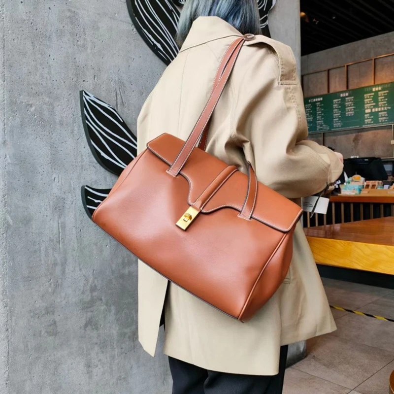 New Large Capacity Tote Bag Genuine Leather Travel Bag Luxury Commuting Underarm Shoulder Bag Fashion Cowhide Women's Large Bag