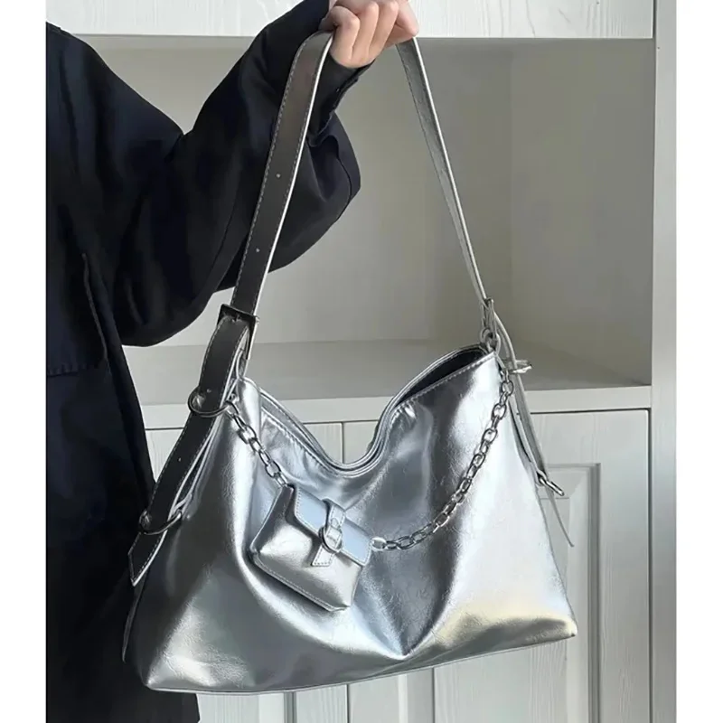 

Fashion Women's Bag 2023 Trend Fashion Large Capacity Silver Soft PU Bolso Mujer Korean Style Commute Hobo Shoulder Bags