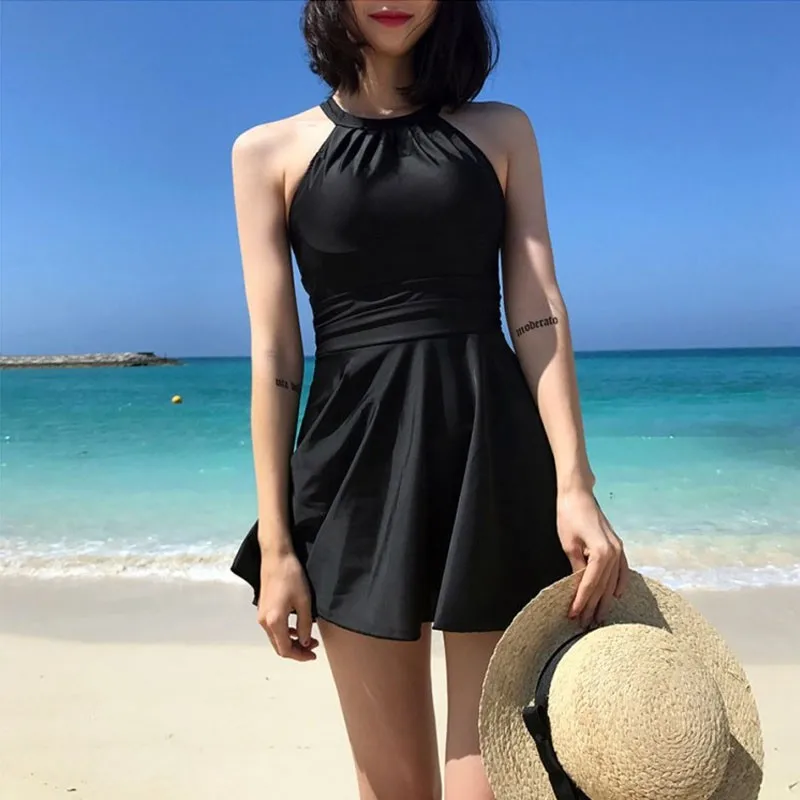 

Black Swimsuit Female Skirt Beautiful Back Slim Sexy Backless One-Piece Boxer Cover Belly Conservative Fashion Beach Swimwear