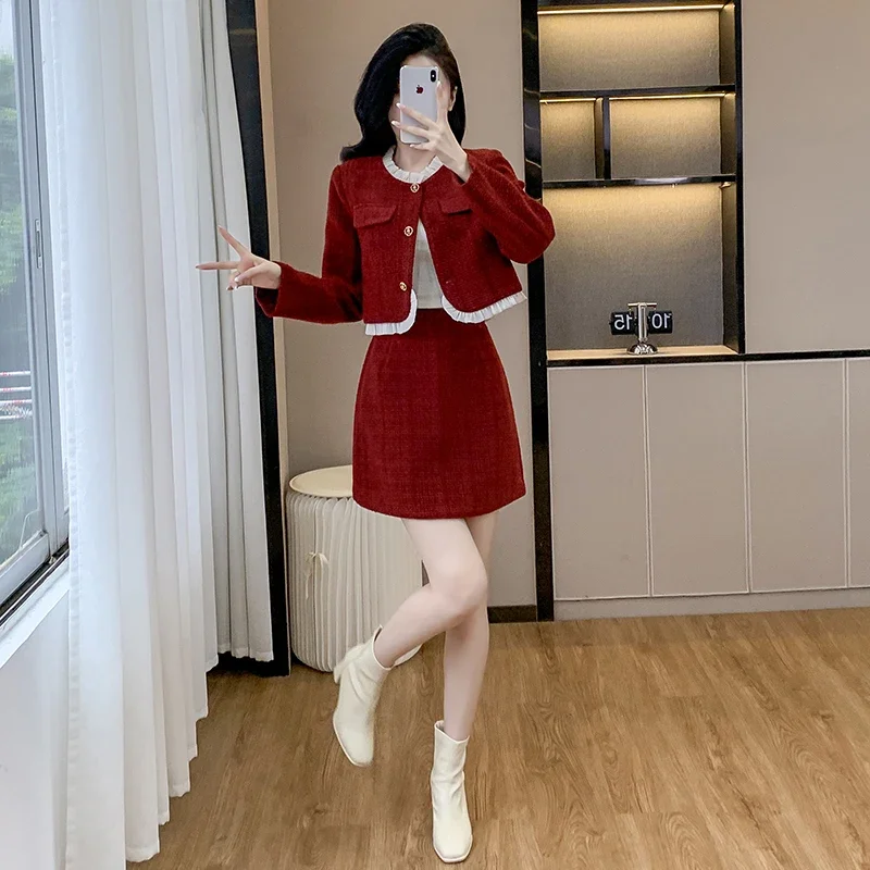 Новый осенне-зимний женский элегантный твидовый костюм с короткой юбкой модная