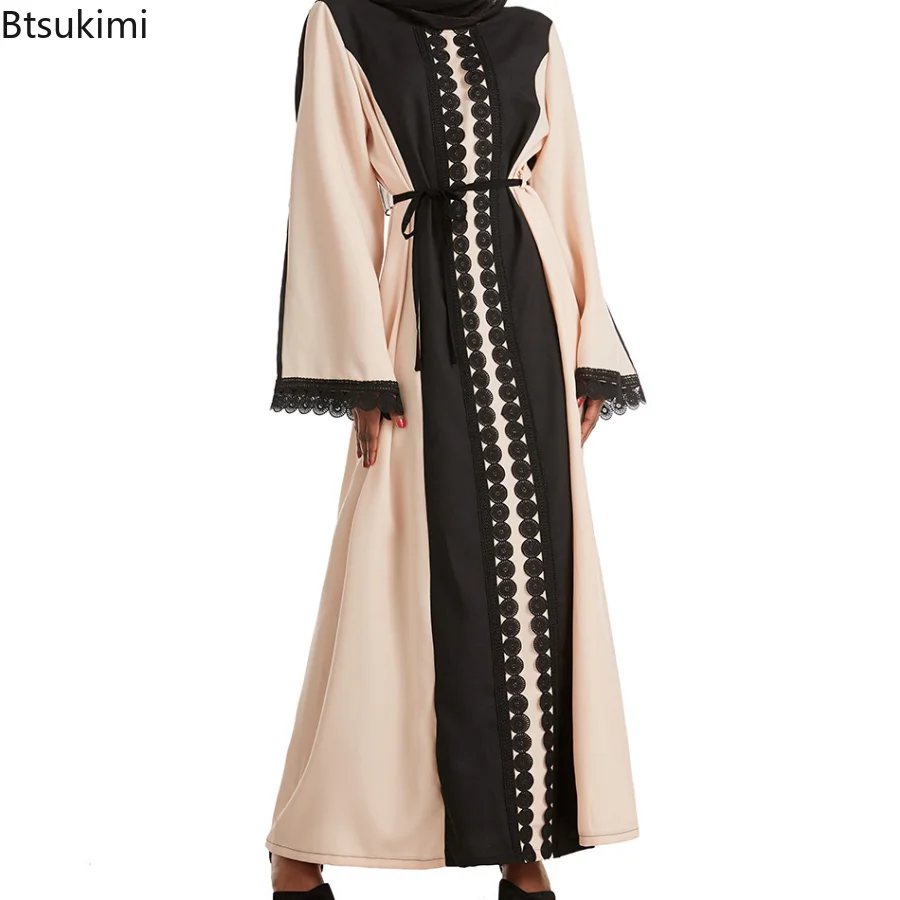 

New Women Muslim Abaya Islamic Long Sleeves Applique Lace Round Neck Thobe Kaftan Maxi Dress Lady Saudi Arab Ethnic Ramadan Robe