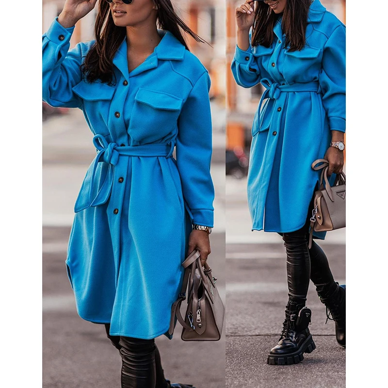 

Fashion Simple Single-Breasted Lace-Up Solid Color Woolen Coat 2022 Casual All-Match Women's Jacket casacos de inverno feminino