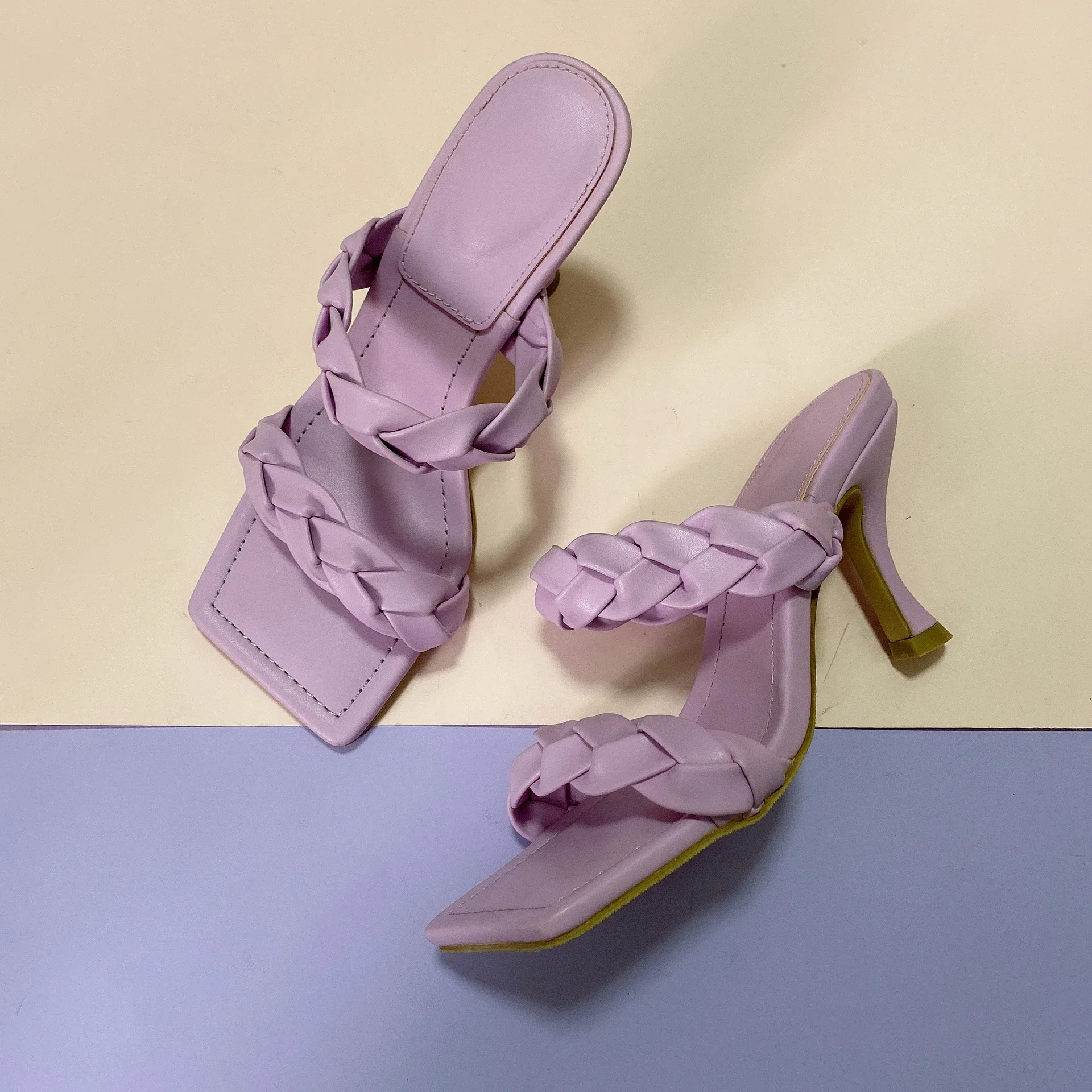 2022 Slides Sandals Ladies Slippers High Heels Women Pumps Casual Outside Square Toe Purple Female Shoes Women Flip Flops