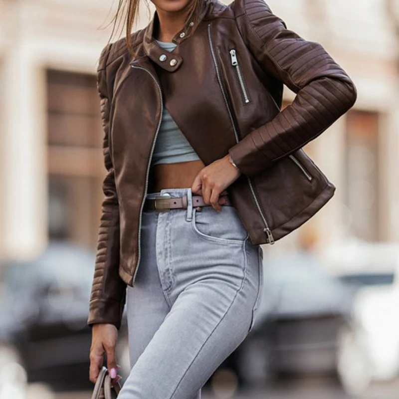 

Fashion Slim Short Motorcycle Jacket Autumn Ladies Street Casual Solid Color Chain Cardigan Jacket 2022 Women's Leather Jacket