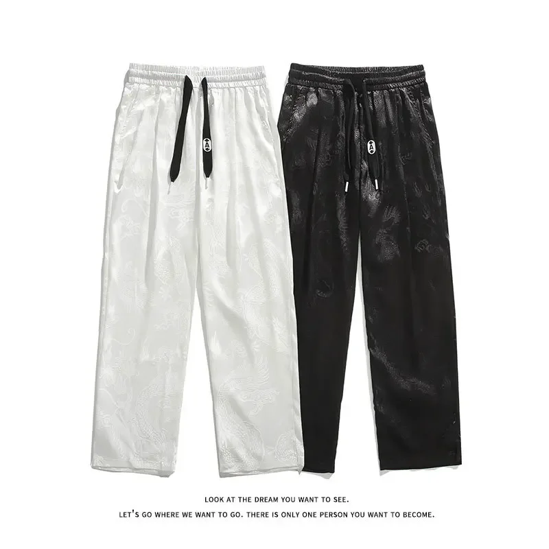 Новые летние мужские жаккардовые брюки из ледяного шелка с рисунком дракона